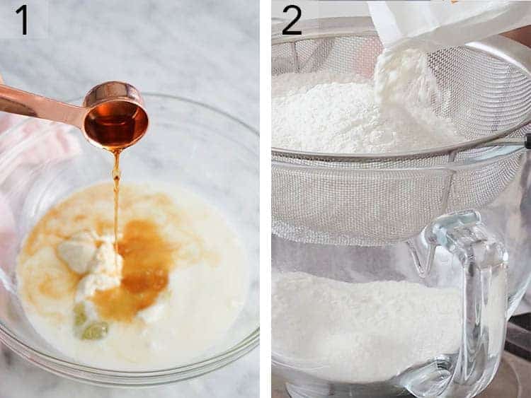 Dry ingredients for tiramisu cake getting sifted into a bowl