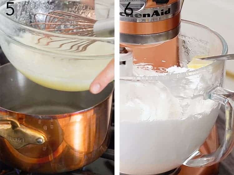 Swiss Buttercream for tiramisu cake getting made in a glass bowl.