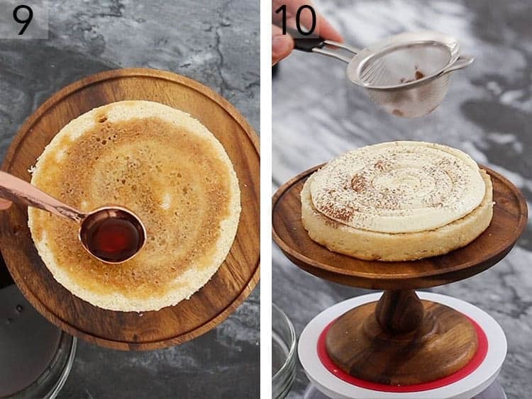 A tiramisu cake getting soaked with coffee and assembled.