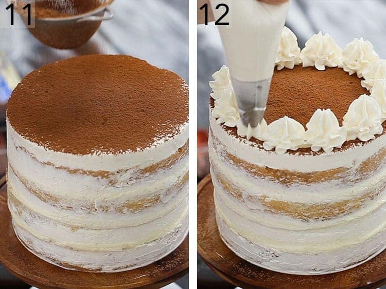 A tiramisu cake getting decorated with cocoa powder and dollops