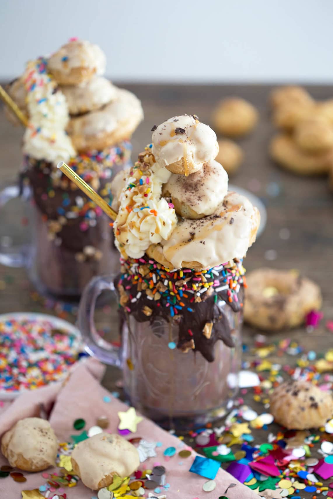 photo of a chocolate Freakshaketopped with eclairs and cream puffs