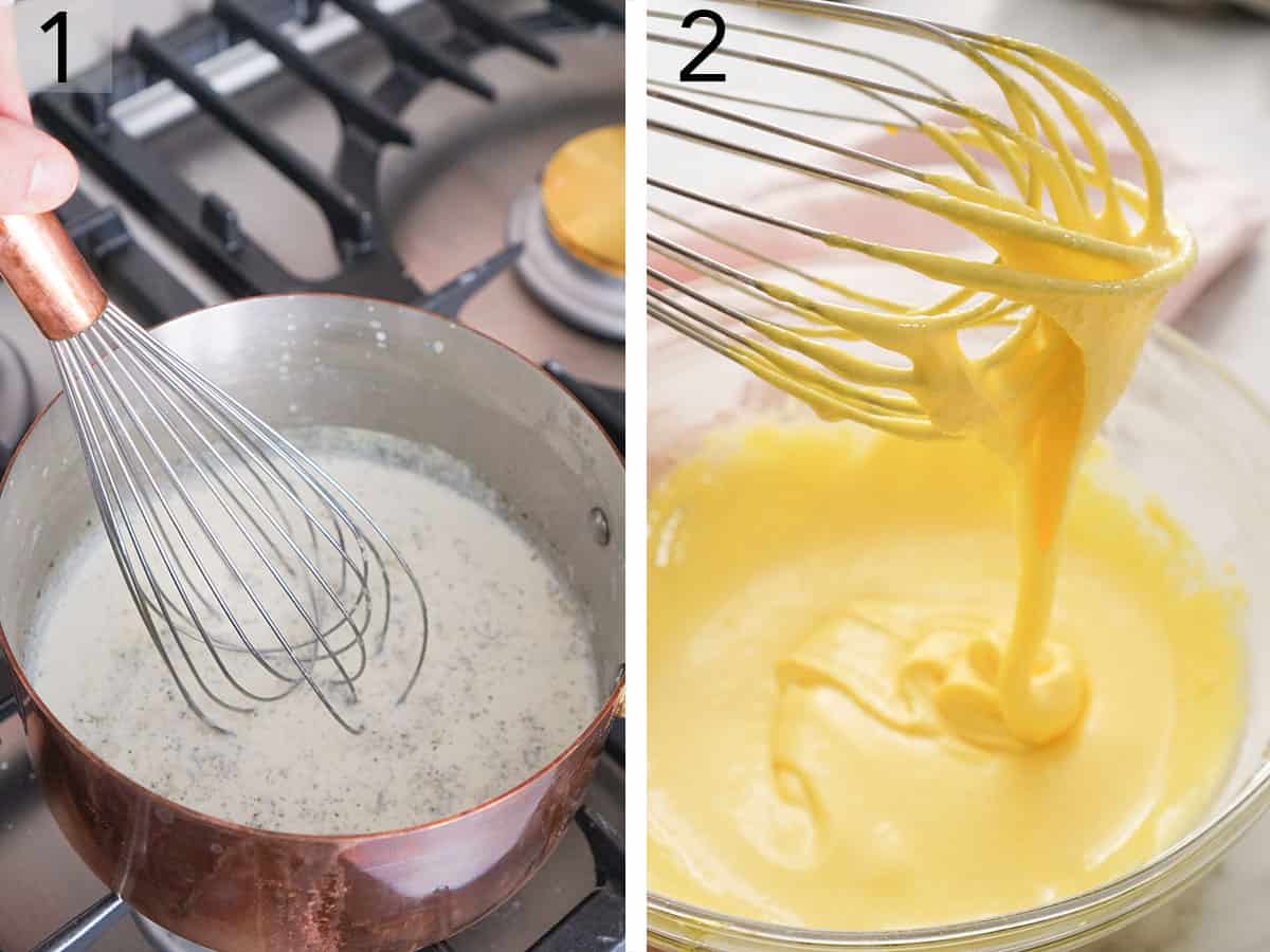 Set of two photos showing milk and cream mixture whisked and custard whisked.