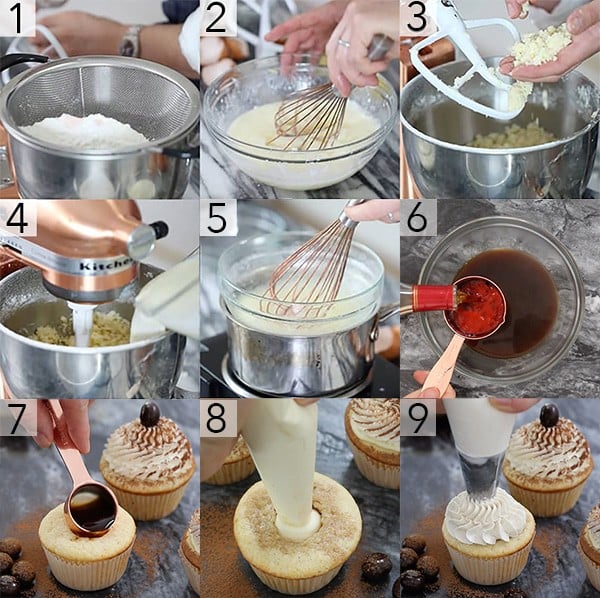A photo grid showing the steps to make tiramisu cupcakes