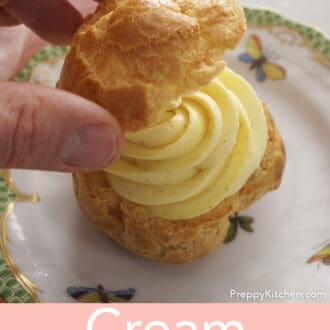 Pinterest graphic of a cream puff getting assembled.