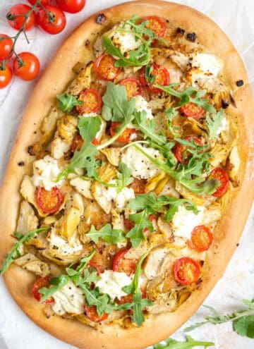 An overhead shot of an Artichoke Pizza