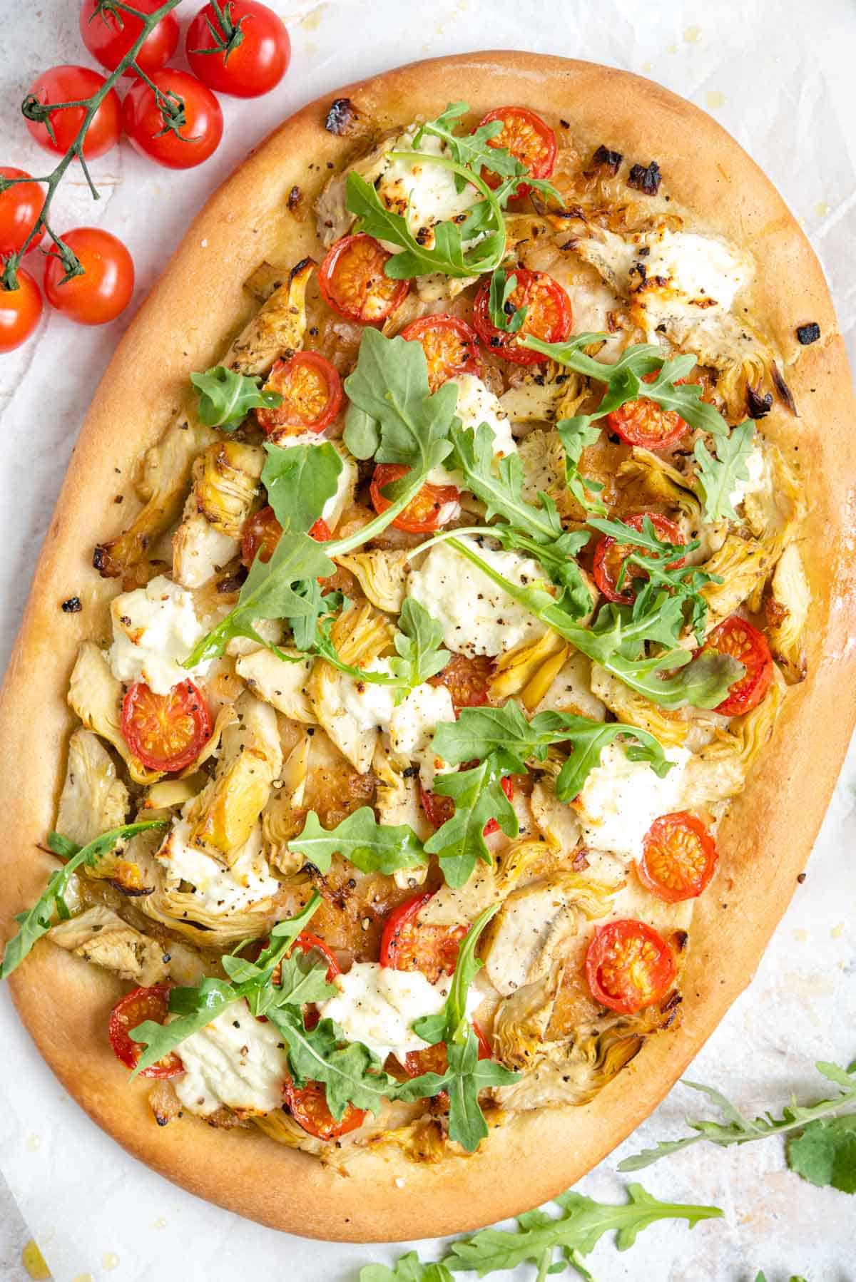 An overhead shot of an Artichoke Pizza