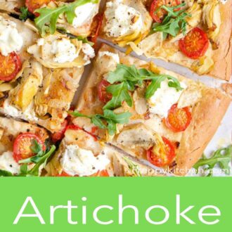 An overhead shot of artichoke pizza with tomatoes and goat cheese