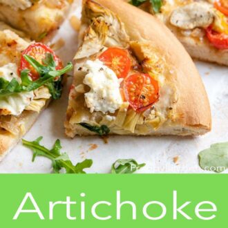 A pinterest graphic showing a slice of artichoke pizza