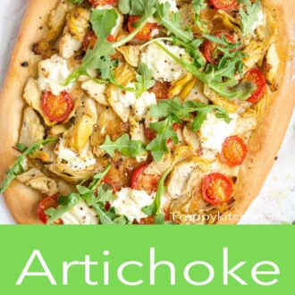 A pinterest graphic showing an overview of artichoke pizza