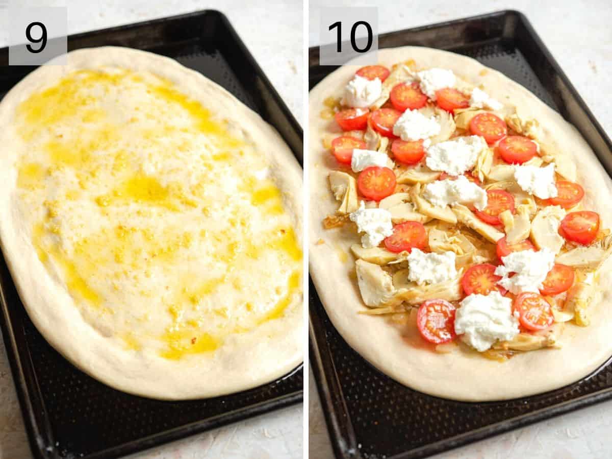 Two photos showing how to brush garlic oil on a pizza base and add more toppings