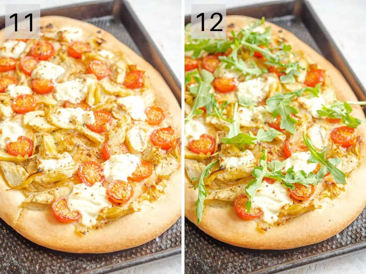 Two photos showing artichoke pizza after baking