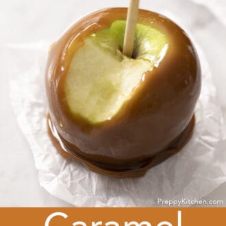 Pinterest graphic of a caramel apple with a bite taken out.