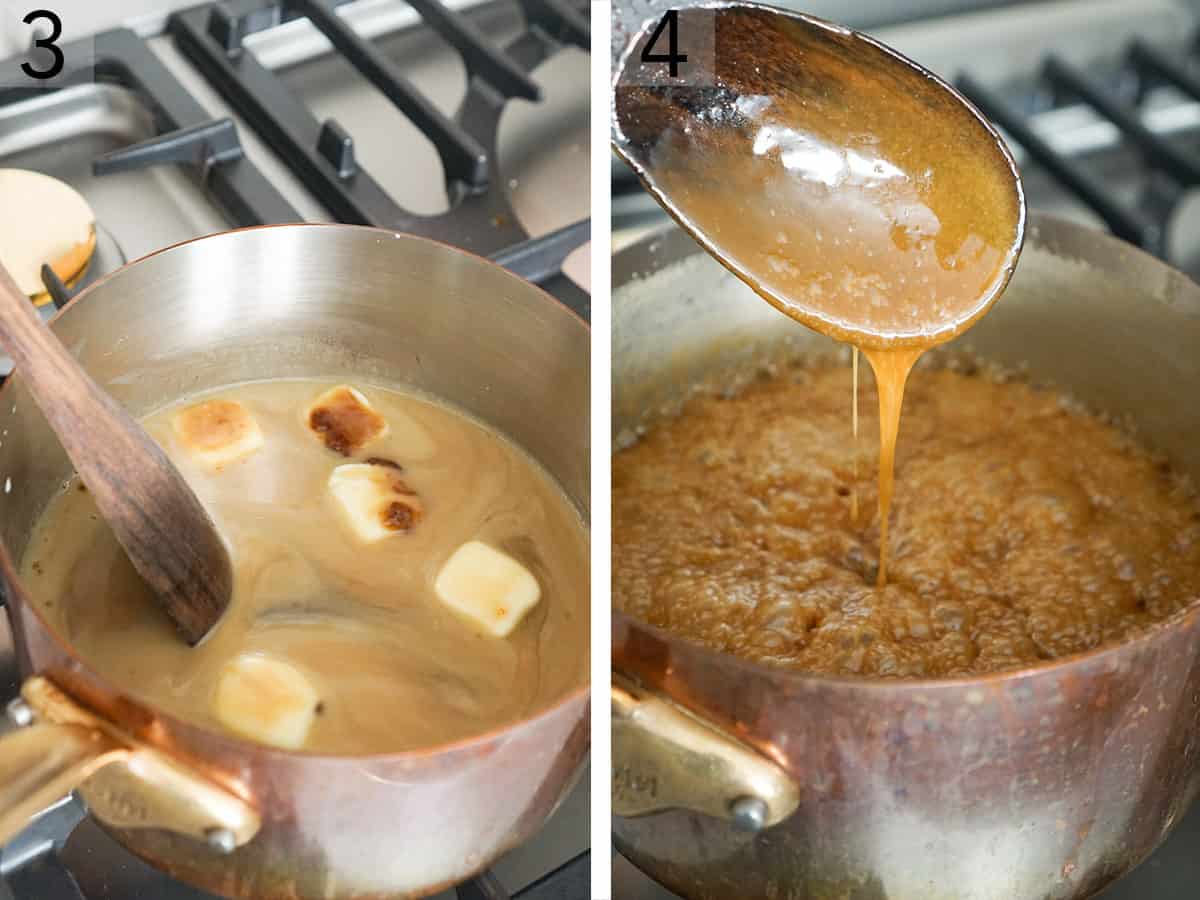 Set of two photos showing caramel cooking in a pot.