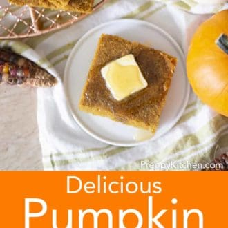 stacked pieces of pumpkin cornbread on a white plate