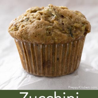 Pinterest graphic of a zucchini muffin on white background.