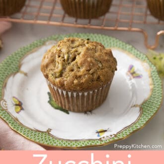 Pinterest graphic of a zucchini muffin on a plate.