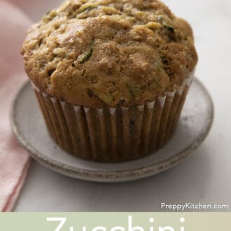 Pinterest graphic of a zucchini muffin on small plate.