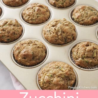 Pinterest graphic of zucchini muffins in muffin pan.