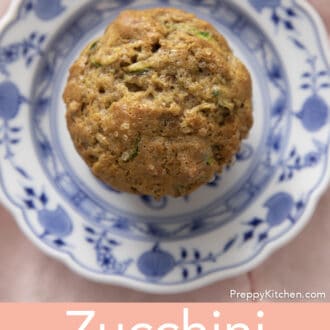 Pinterest graphic of an overhead view of a zucchini muffin on plate.