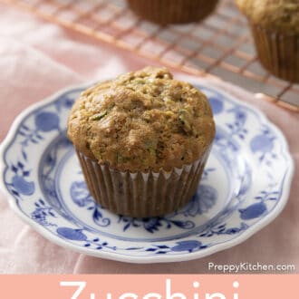 Pinterest graphic of a zucchini muffin on blue and white plate.