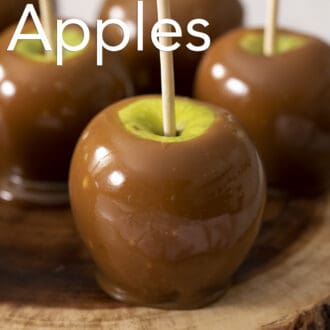 Pinterest graphic of several caramel apple recipe on a piece of wood.