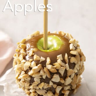 Pinterest graphic of a peanut covered caramel apple.