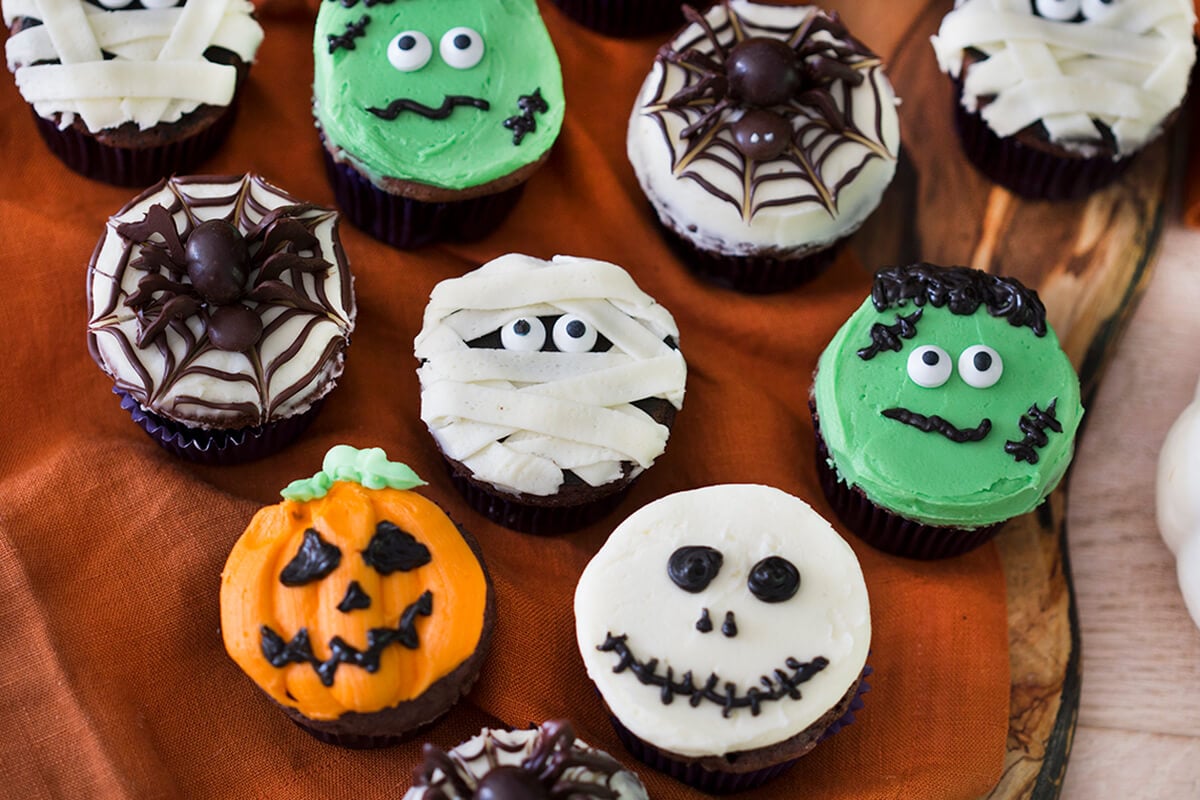 photo of Halloween Cupcakes on a dark orange linen
