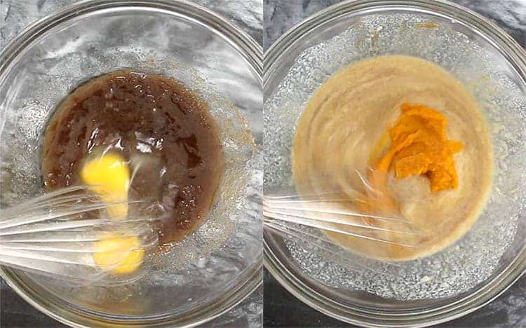 two photos showing the wet ingredients for pumpkin cornbread getting mixed together. 