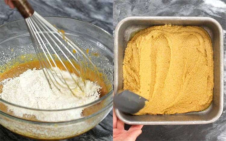dry ingredients getting added to pumpkin cornbread batter.