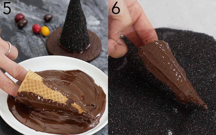 Ice cream cones getting rolled in chocolate and then black sanding sugar.