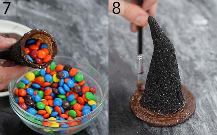 two photos of wiitch hat cookies getting assembled with candy inside.