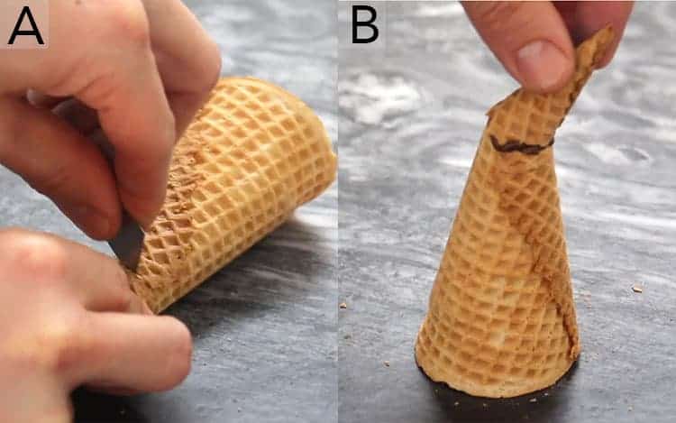 Two photos showinghow to make a crooked witch hat