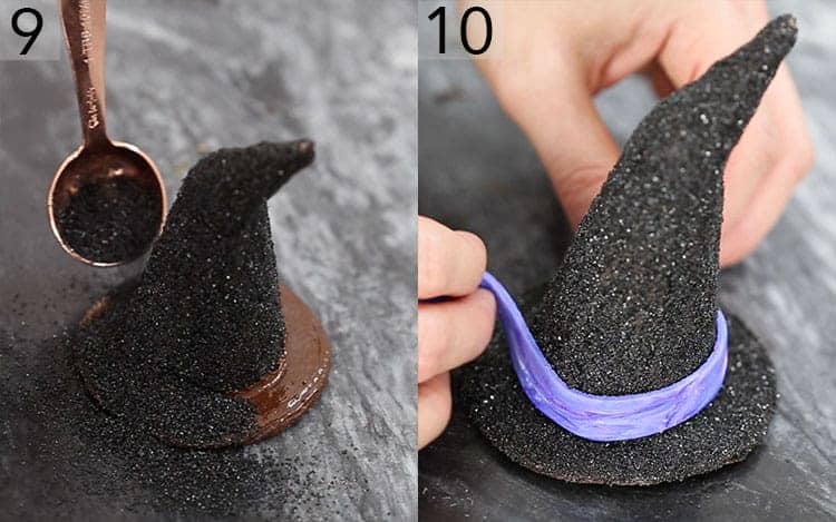 Witch hat cookies getting a final dusting of black sugar and a fondant band placed on.