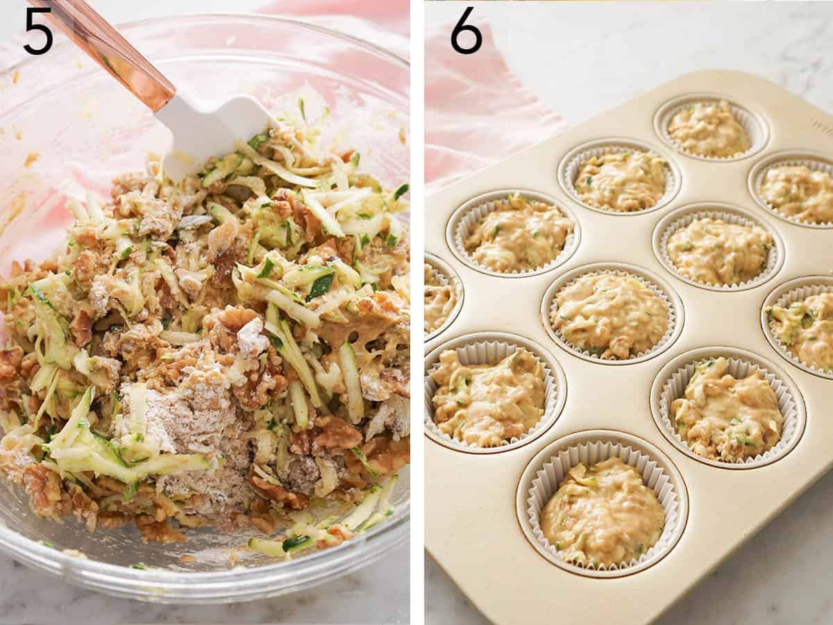 Set of two photos showing shredded zucchini folded into muffin batter and added to the muffin tray.