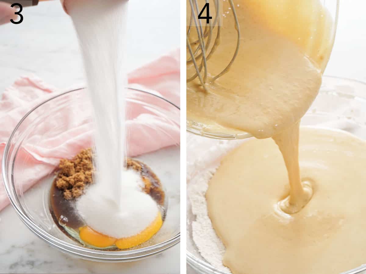 Set of two photos showing sugar added to a bowl of wet ingredients and batter poured into dry ingredients.