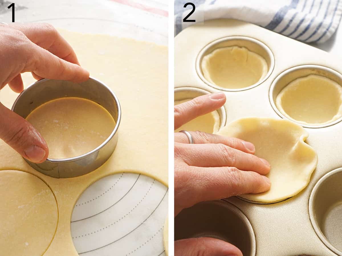 Set of two photos showing dough cut into small circles and placed in a muffin tin.