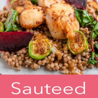 A pinterest graphic of sauteed scallops with cous cous