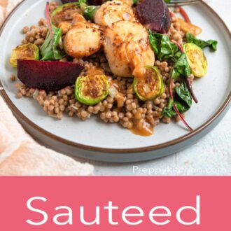 A pinterest graphic of sauteed scallops with cous cous