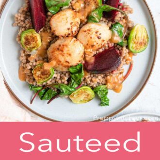 A pinterest graphic of sauteed scallops with cous cous