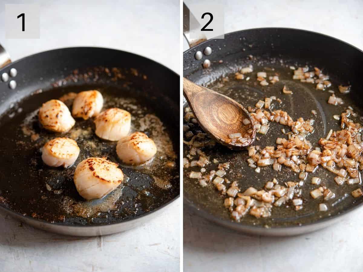 Two photos showing how to make sauteed scallops and sauce