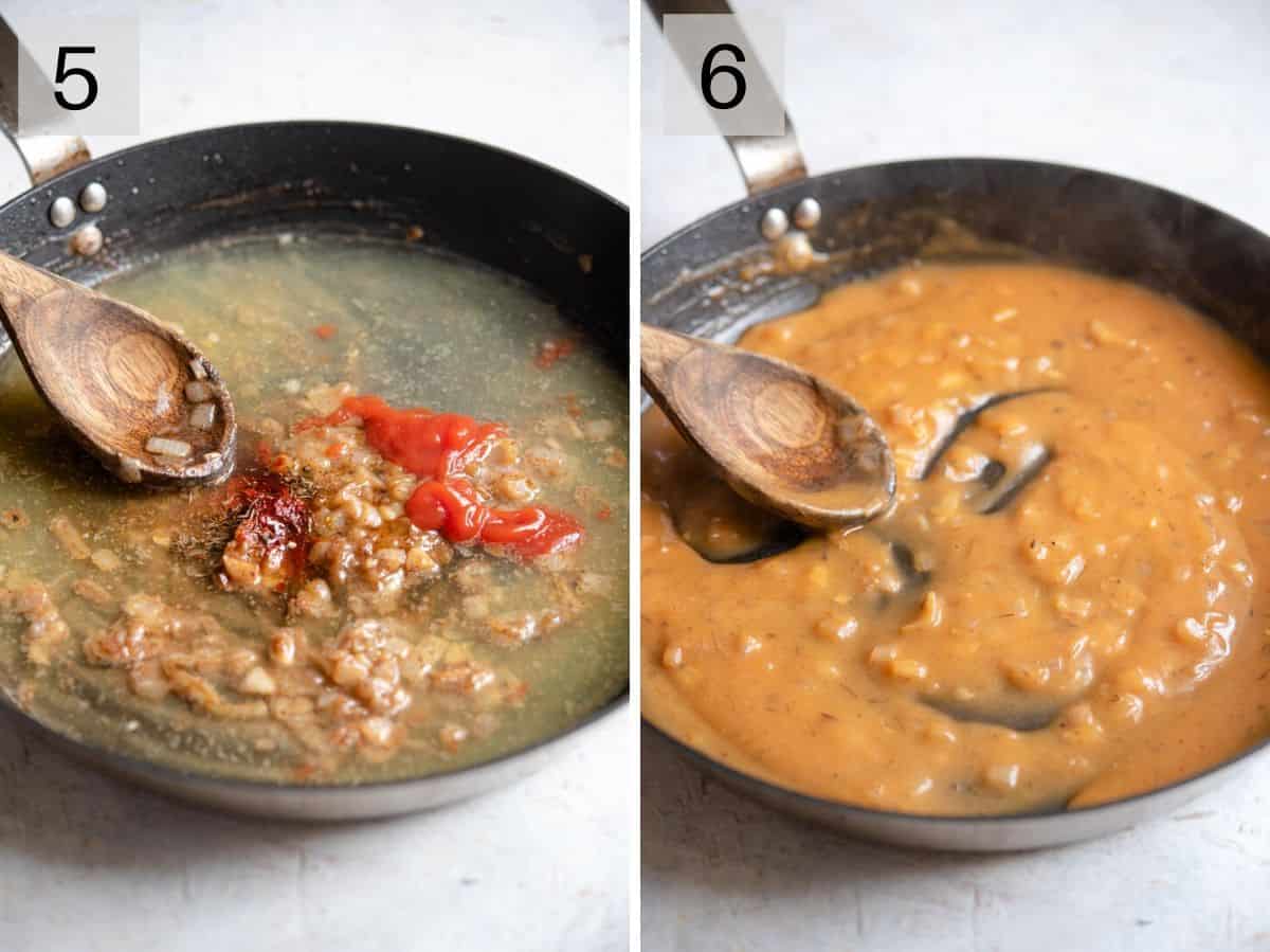 Two photos showing how to make a sauce for sauteed scallops