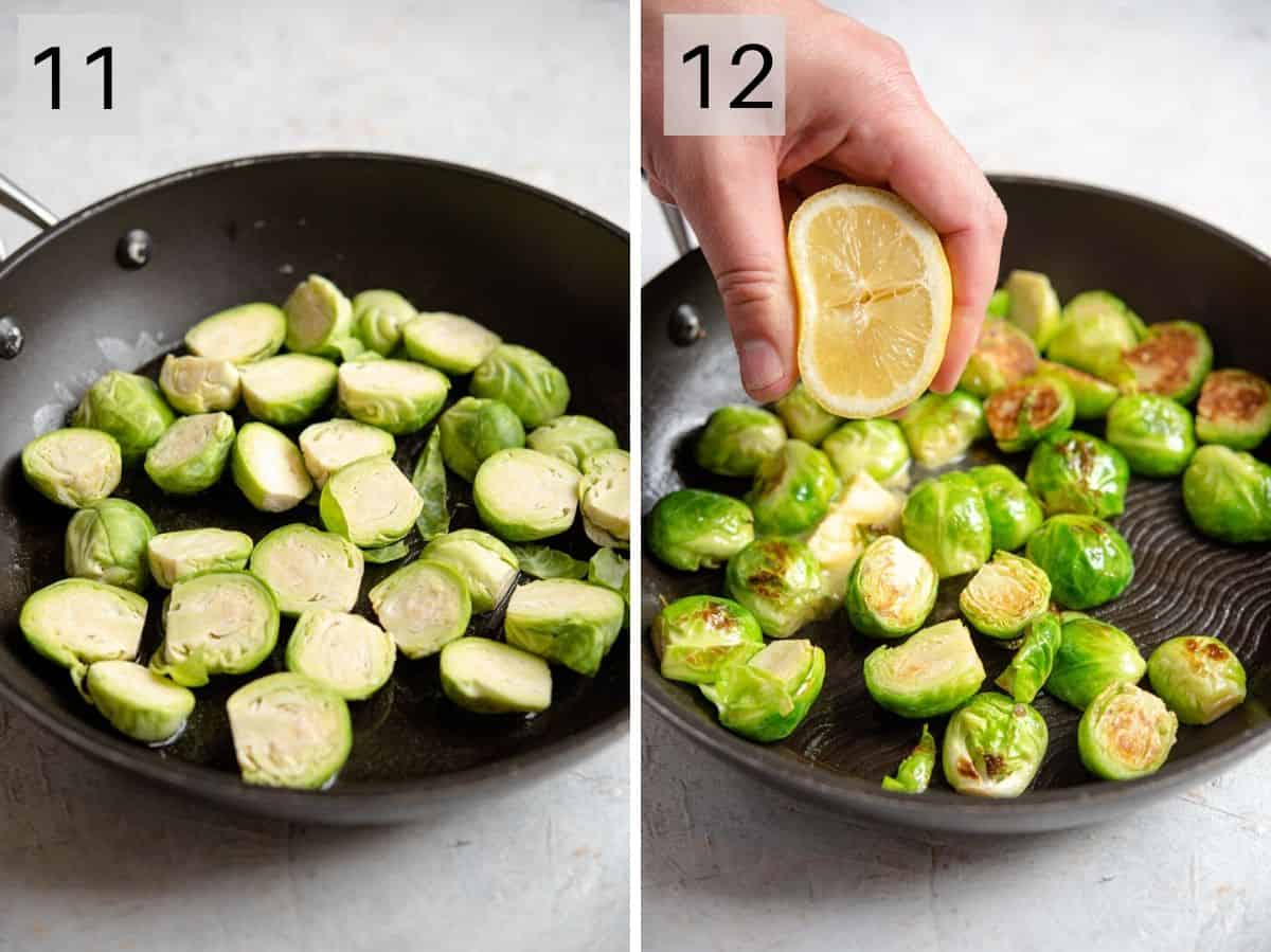 Two photos showing how to prepare Brussels sprouts