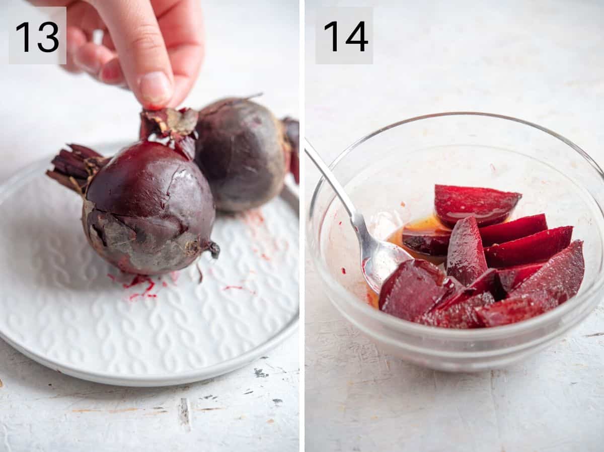 Two photos showing how to prepare beetroot