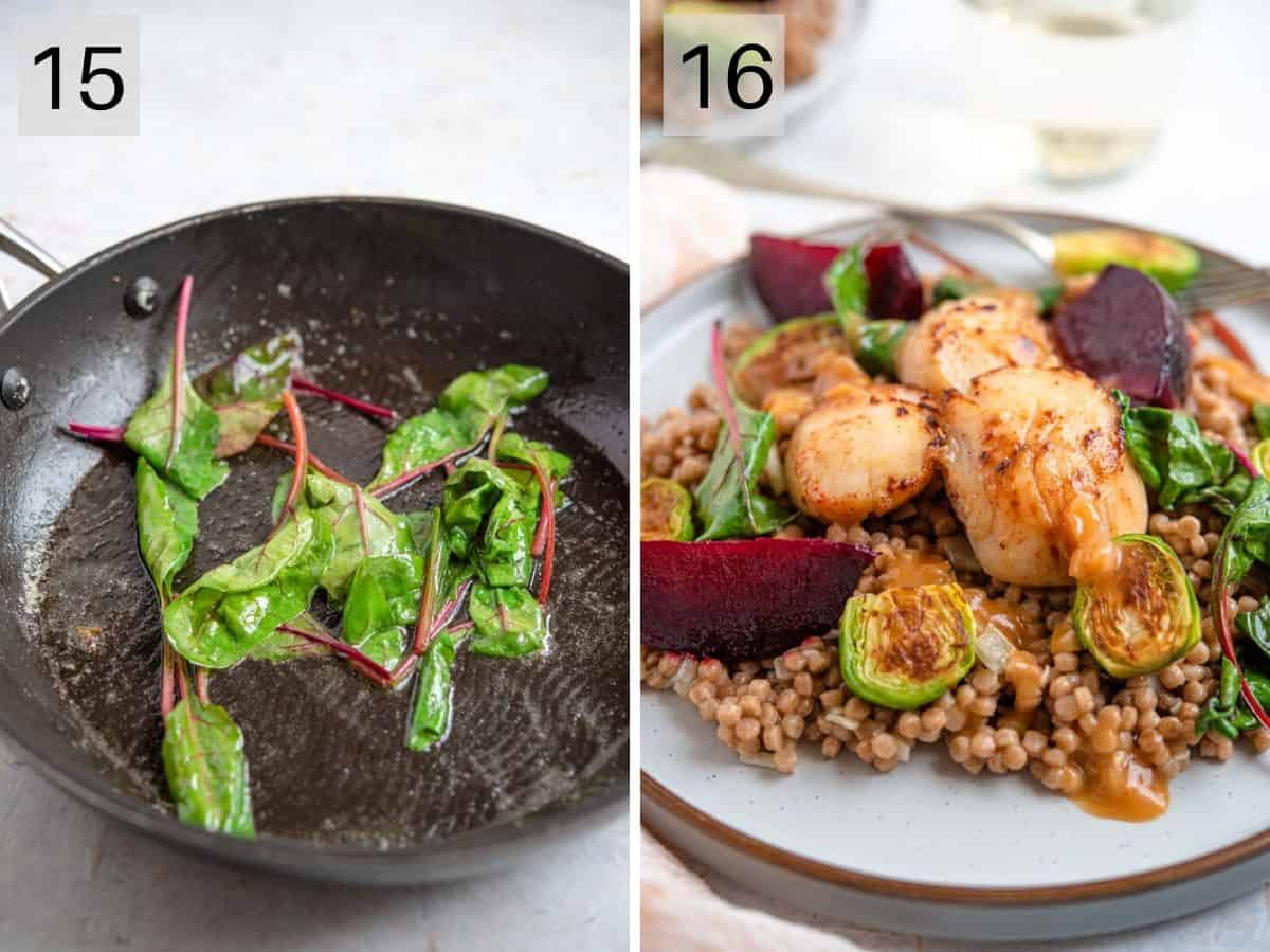 Two photos showing how to saute beet leaves and the finished dish