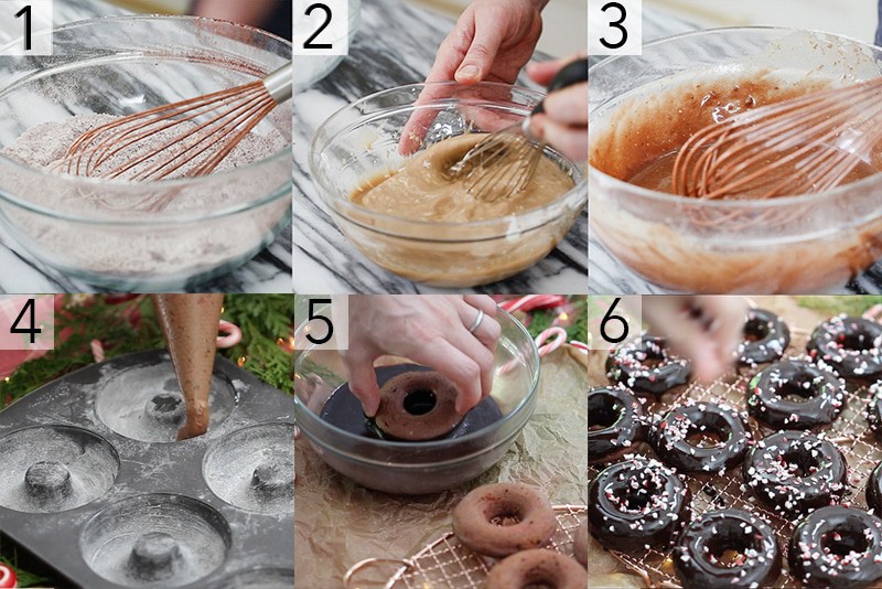A photo grid showing the steps to make Chocolate Peppermint Donuts