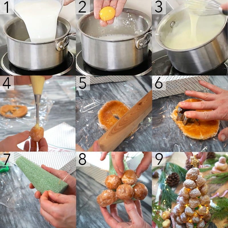 A photo grid showing the steps to make a donut hole croquembouche