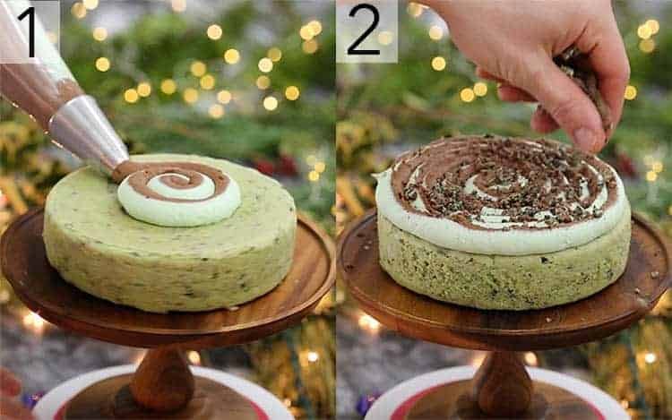 Mint and chocolate buttercream gettin added onto a cake layer.