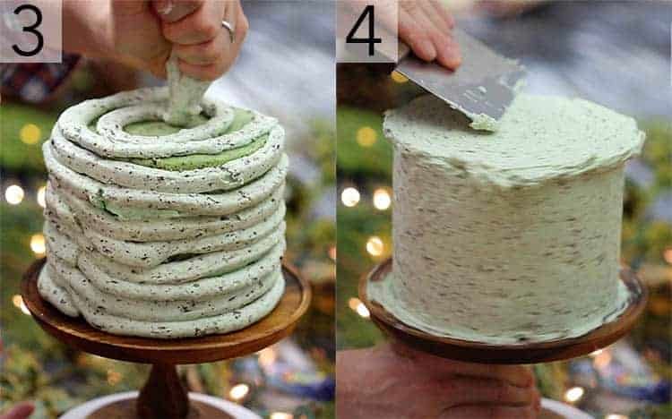 A mint chip cake getting wrapped in buttercream and smoothed.