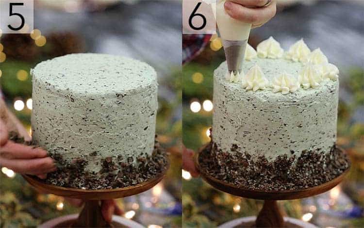 a skirt of chocolate and vanilla dollops getting added to complete a cake.