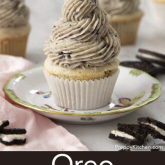Pinterest graphic of an Oreo cupcake with Oreo frosting on a plate.